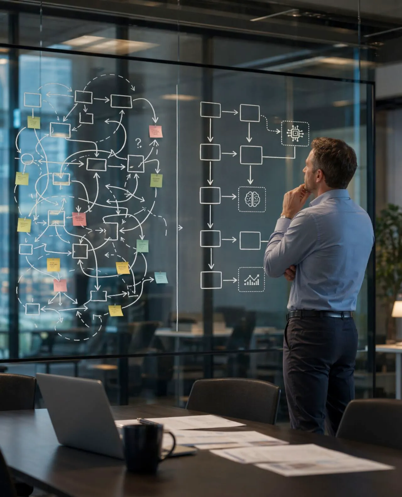 Business leader studying a glass wall with a tangled workflow diagram beside a cleaner AI process map