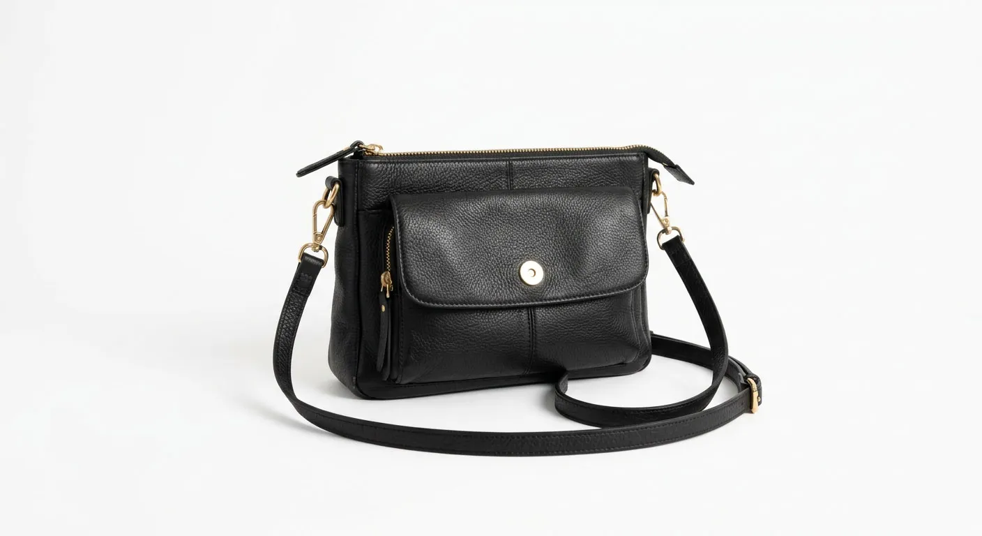 AI-enhanced professional e-commerce photo of black leather crossbody bag on white background with studio lighting front view