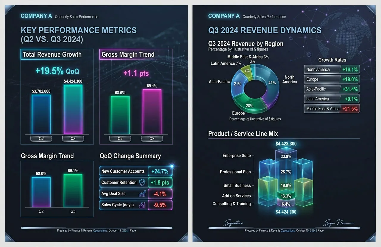 AI-generated boardroom-ready chart showing Company A Q3 2024 revenue dynamics by region and product line