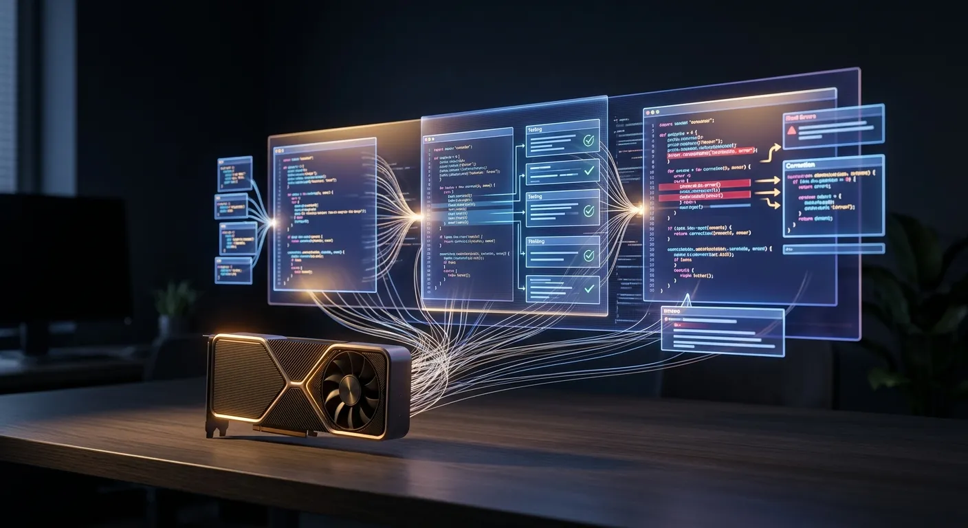 A consumer GPU graphics card on a clean desk, glowing subtly, connected by luminous threads to a holographic display showing code being generated, tested, and repaired in three stages