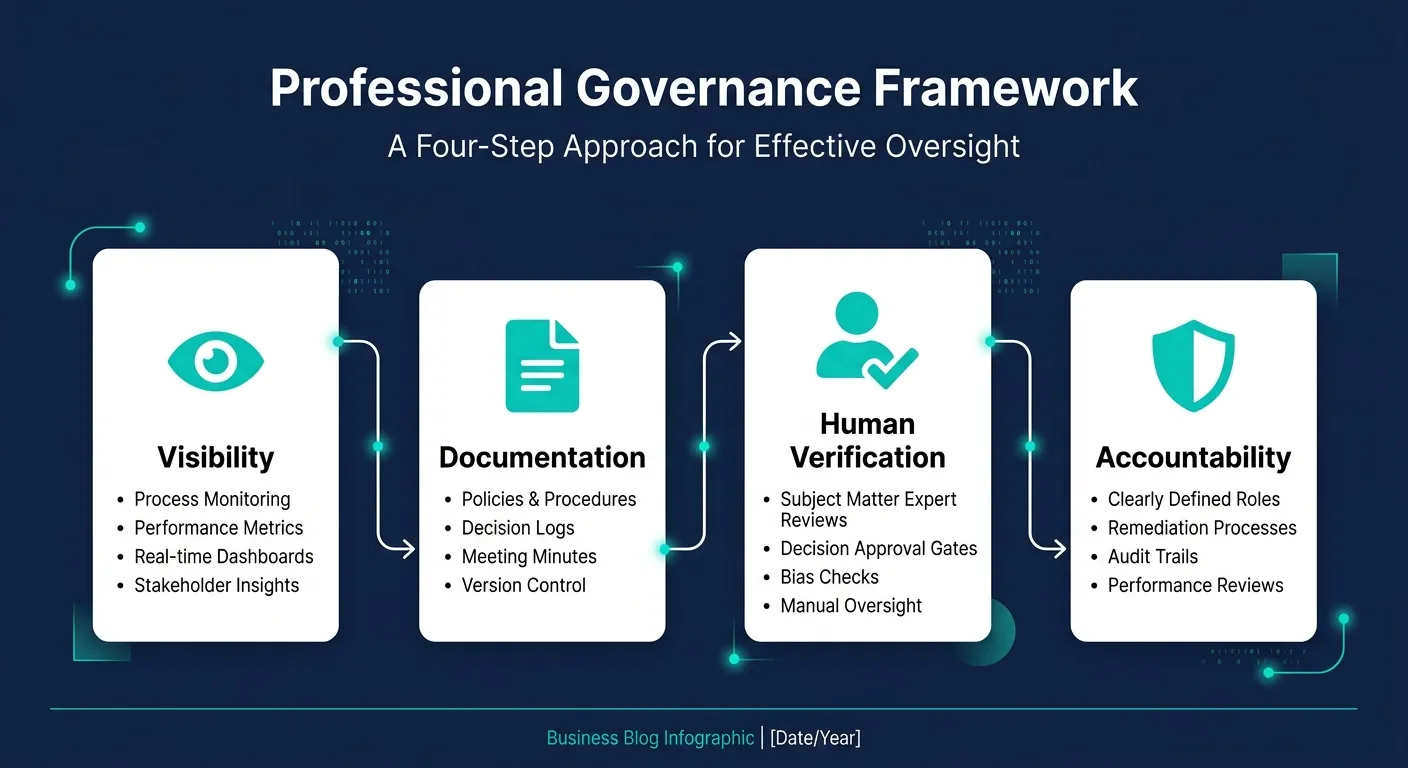 For-step AI governance framework showing Visibility, Documentation, Human Verification, and Accountability as connected stages