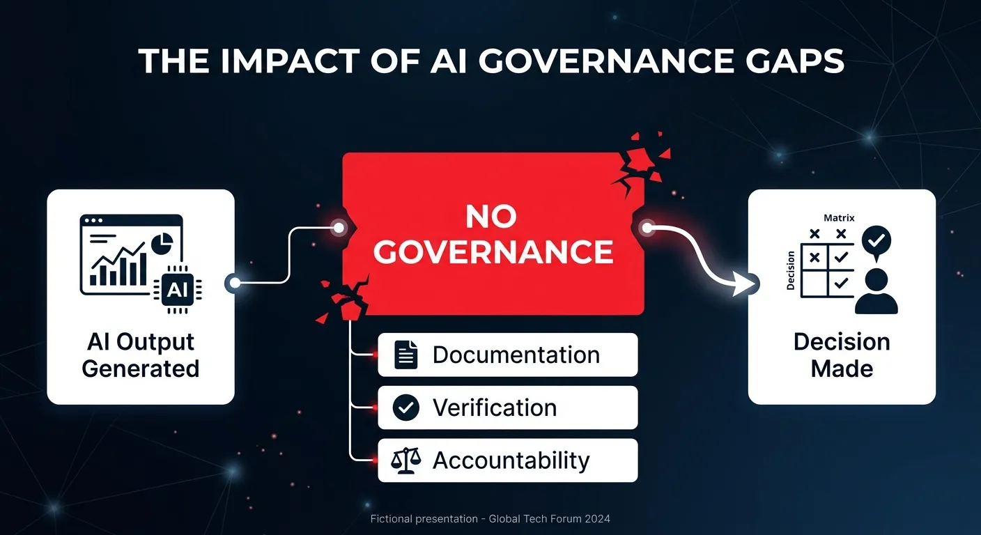 Flowchart showing the governance gap between AI output generation and decision-making, with missing documentation, verification, and accountability
