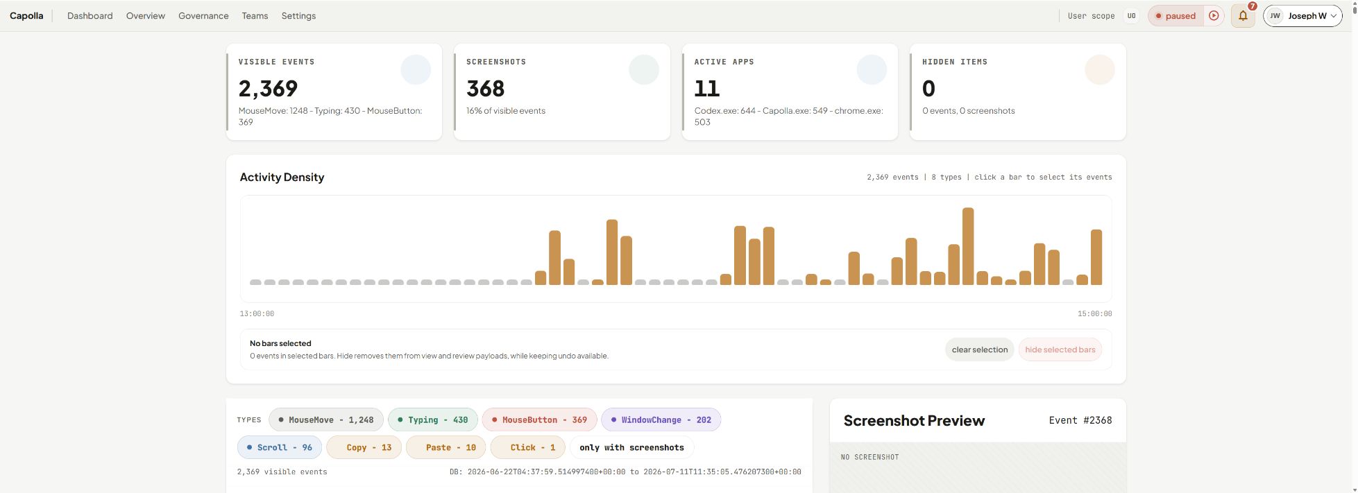 Capolla Overview timeline showing activity density, visible events, screenshots, and active apps observed across a workday