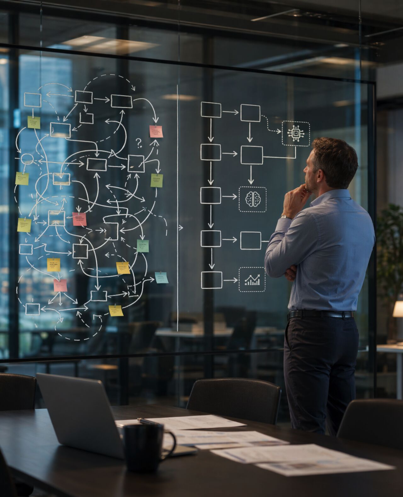 Business leader studying a glass wall with a tangled workflow diagram beside a cleaner AI process map