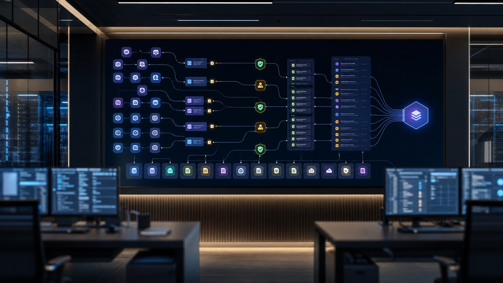 Enterprise control room dashboard showing AI agents, business apps, approvals, audit trails, and data flows converging into one management layer