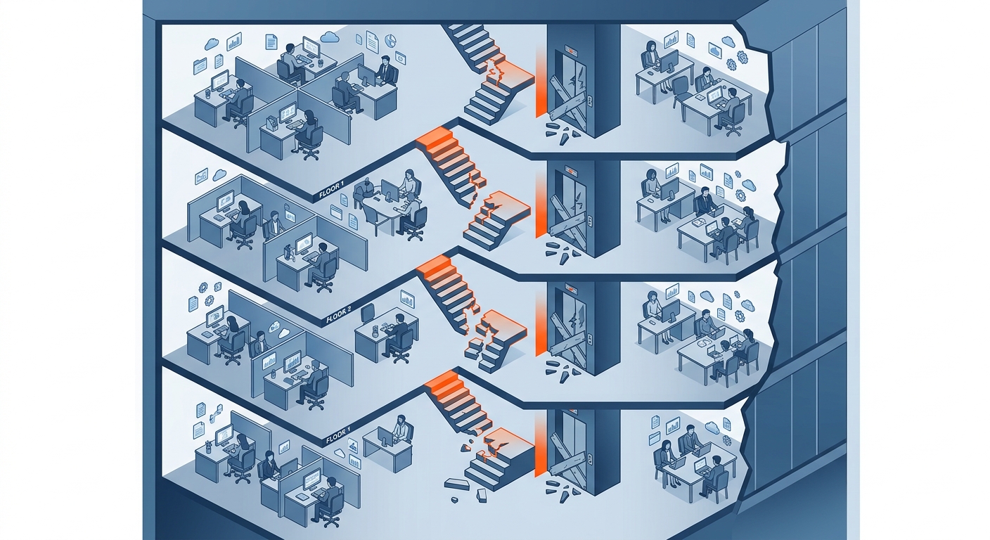 Isometric illustration of disconnected office floors
  representing cross-department communication failures in AI workflows