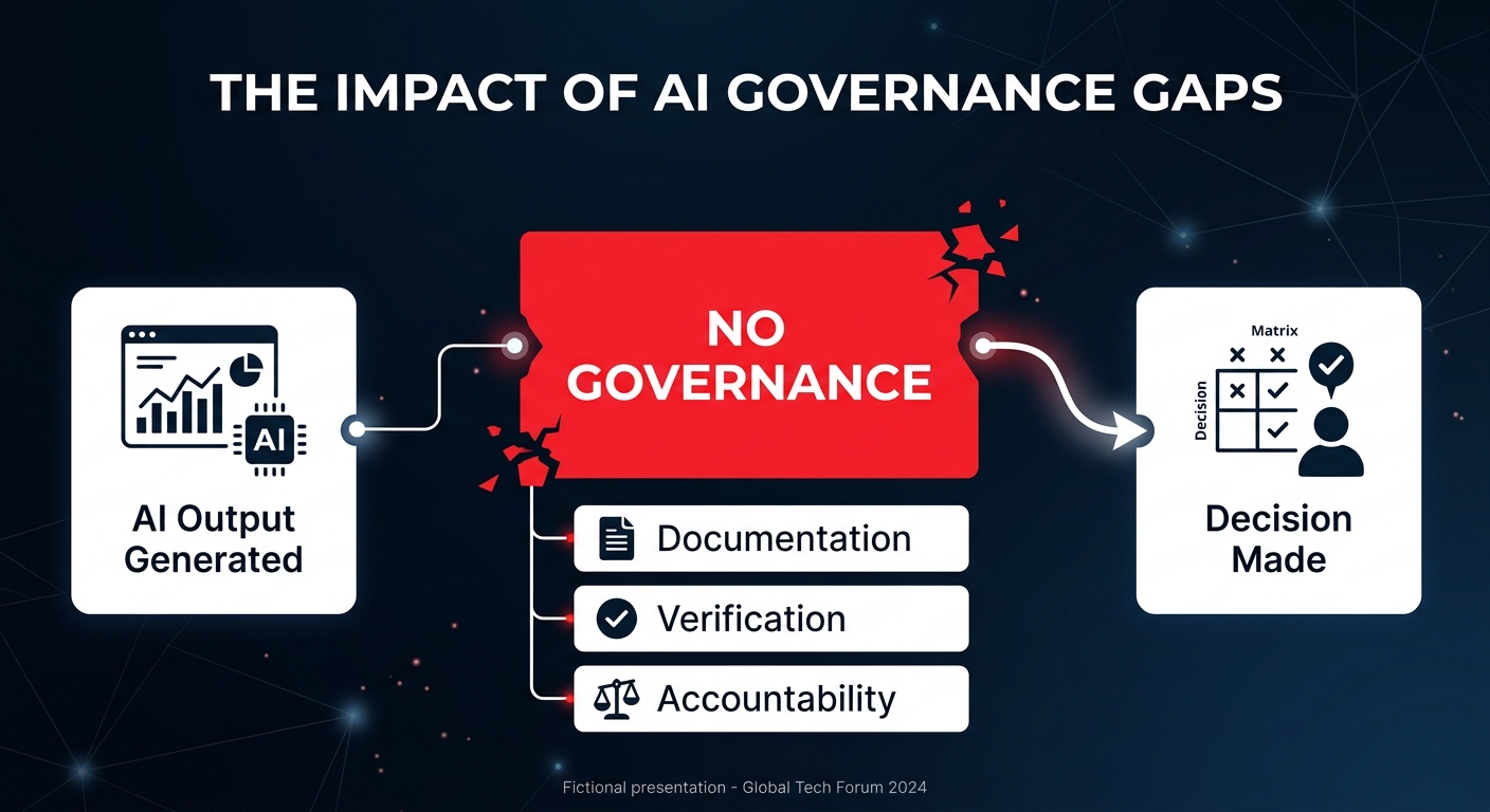 Flowchart showing the governance gap between AI output generation and decision-making, with missing documentation, verification, and accountability