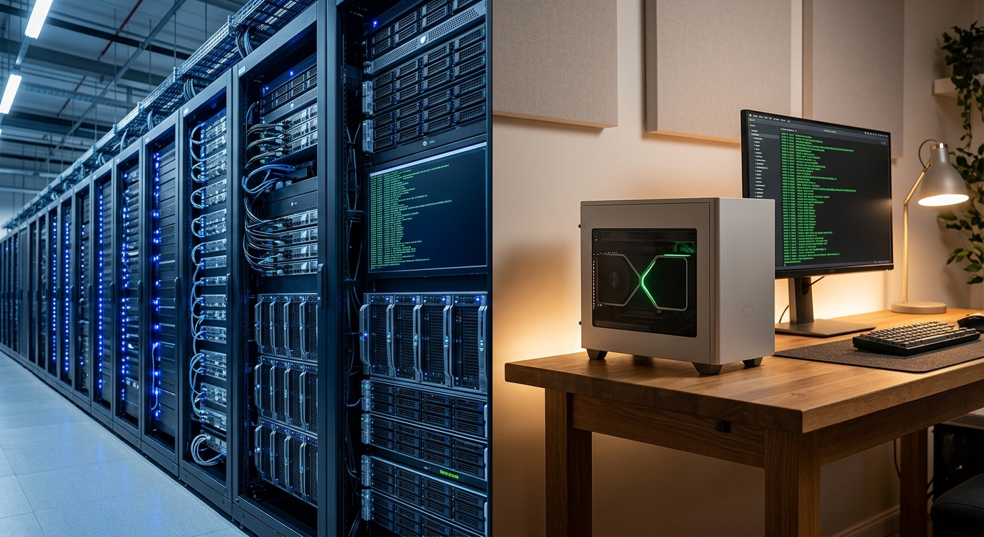 Split composition showing a towering server rack in a massive data center with blue lighting on the left, and a single compact desktop workstation glowing warmly on a simple desk on the right