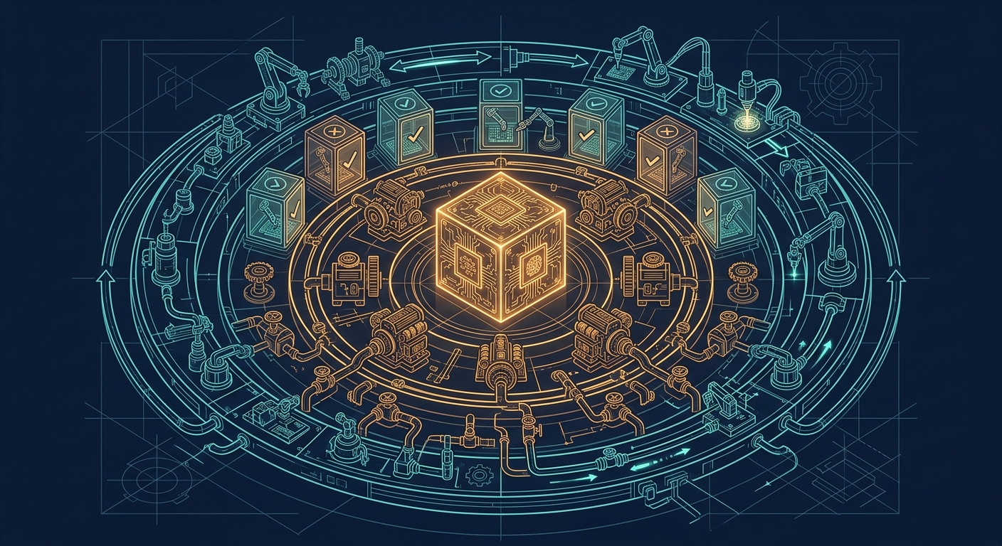 Engineering blueprint-style illustration showing a small glowing cube representing a frozen AI model at the center, surrounded by three concentric rings of mechanical infrastructure for generation, testing, and repair