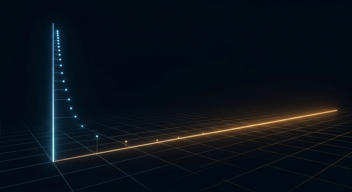 A 3D coordinate system with a vertical axis showing diminishing returns with progress markers getting closer together, and a horizontal axis stretching into the distance representing untapped systems-level improvement