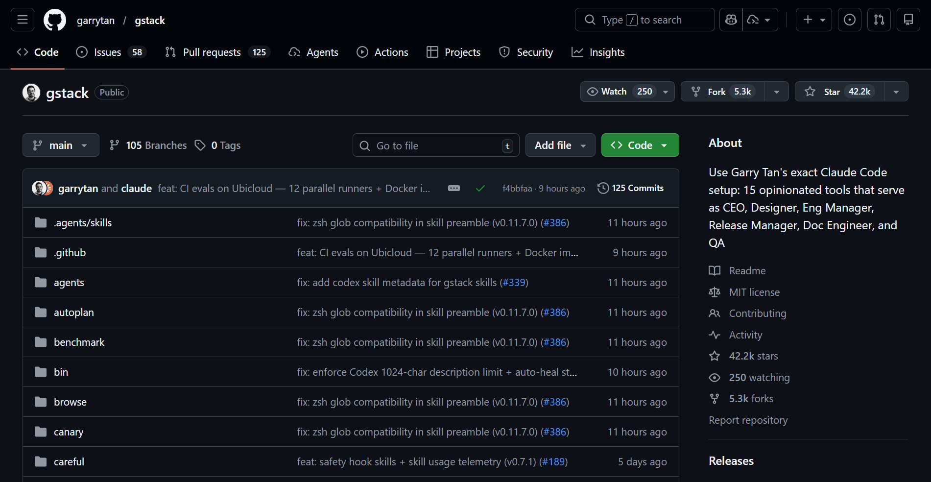 Screenshot of the gstack GitHub repository showing the folder structure of Markdown-based skill files for Claude Code