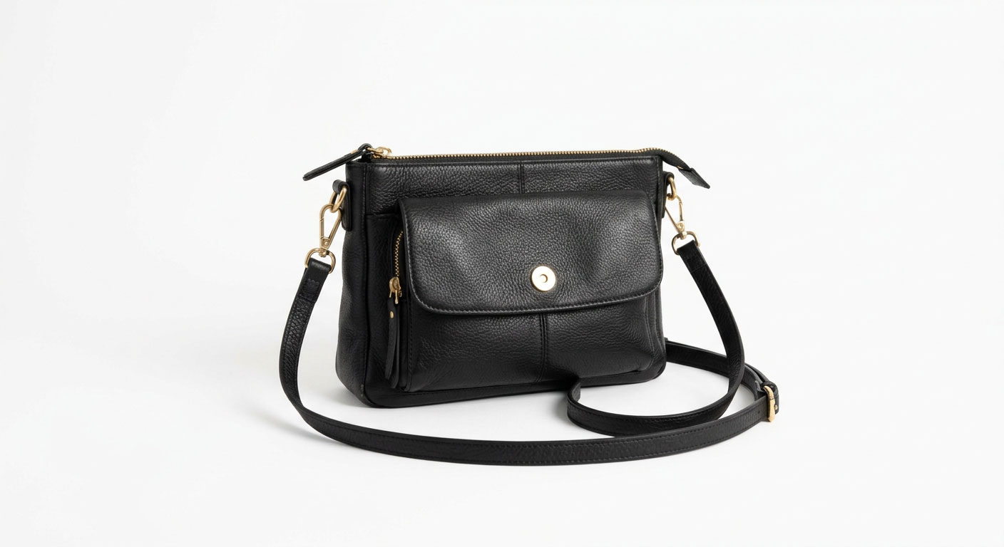 AI-enhanced professional e-commerce photo of black leather crossbody bag on white background with studio lighting front view