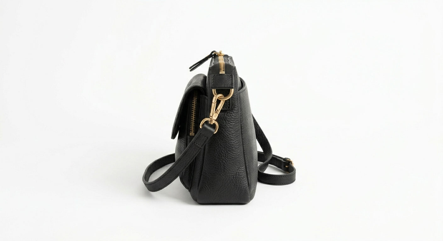 AI-enhanced professional e-commerce photo of black leather crossbody bag on white background showing side profile and gold hardware details