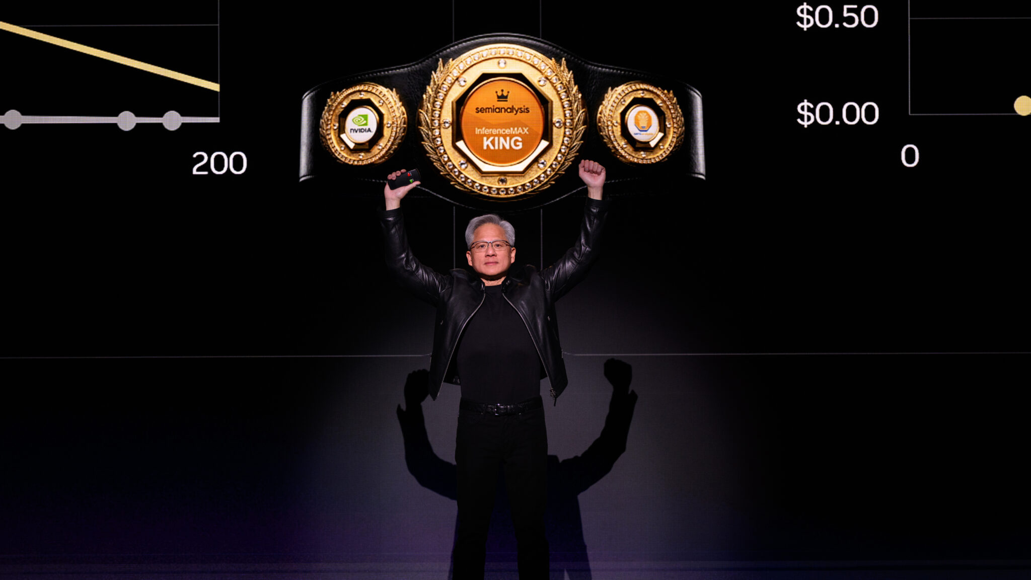 Jensen Huang on stage at GTC 2026, presenting the Vera Rubin platform roadmap at the SAP Center in San Jose