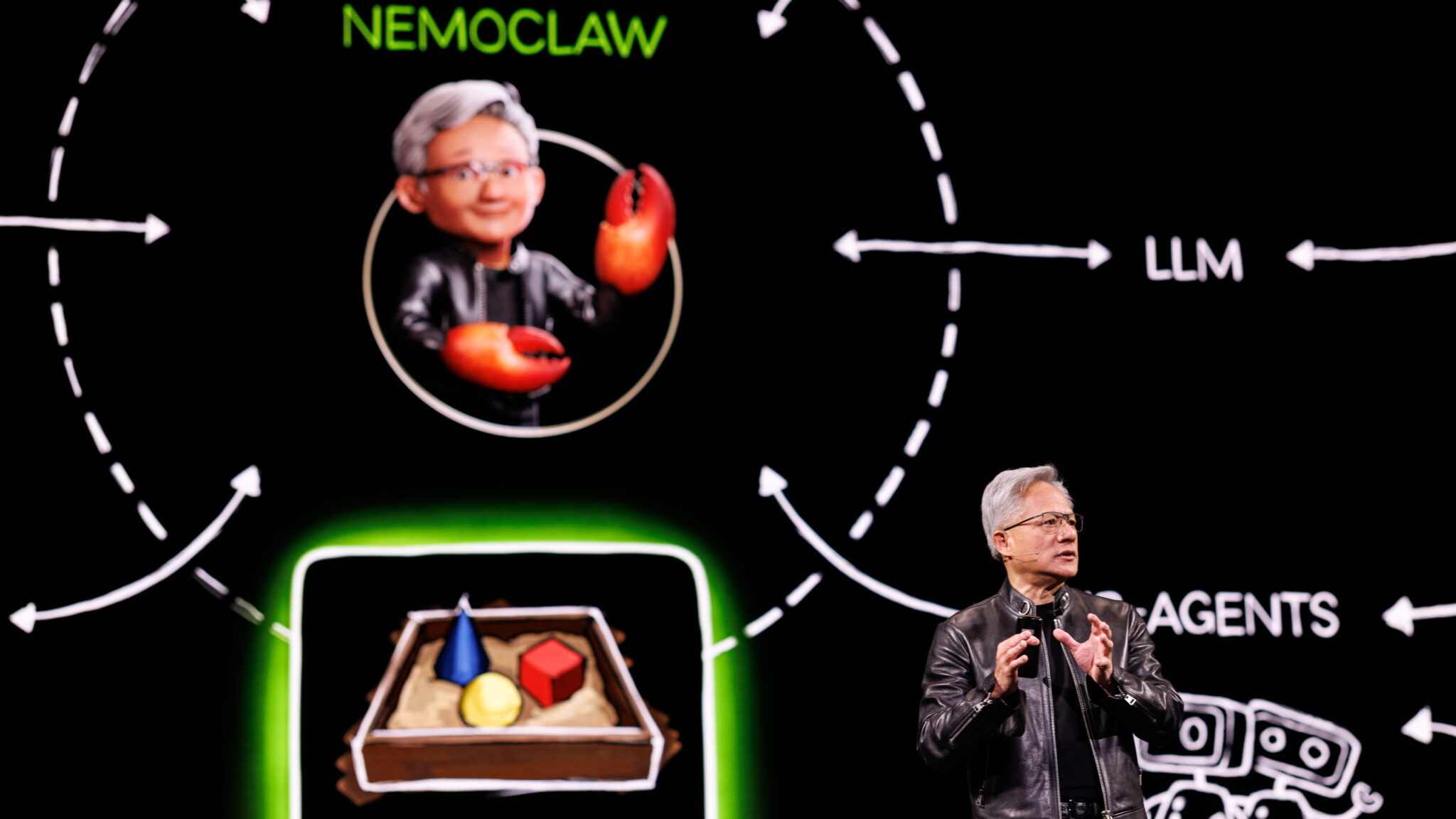 Jensen Huang presenting OpenClaw and NemoClaw at GTC 2026, with a large screen showing the agentic AI architecture