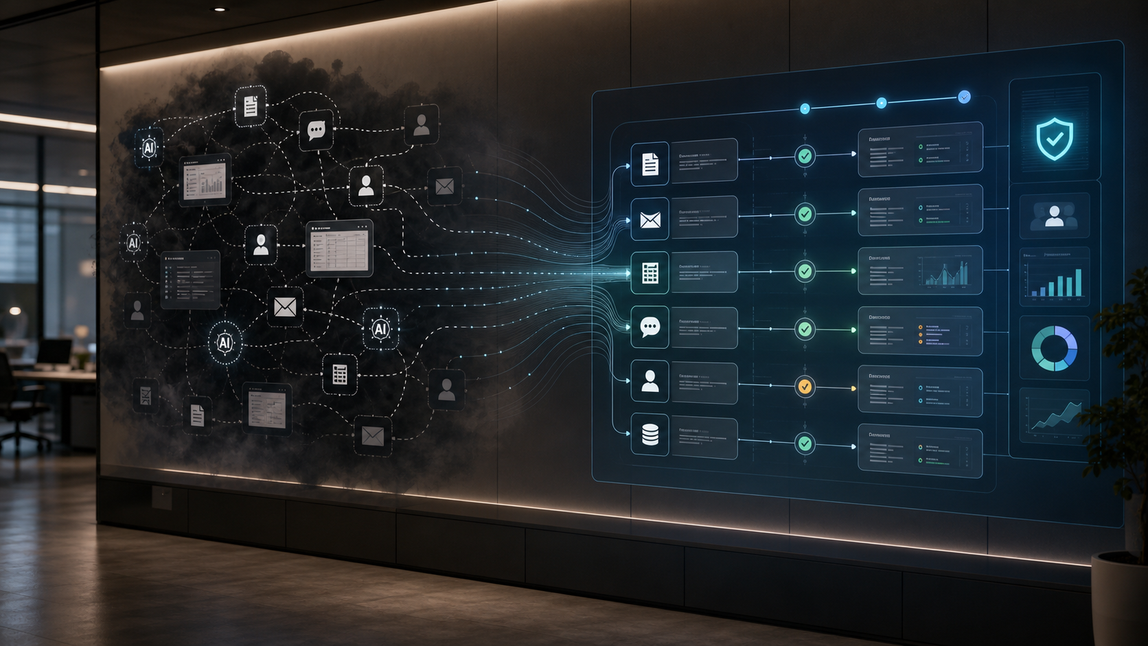 Enterprise workflow wall showing shadow AI tools, documents, email, spreadsheets, approvals, and governed audit trails converging into a visibility layer