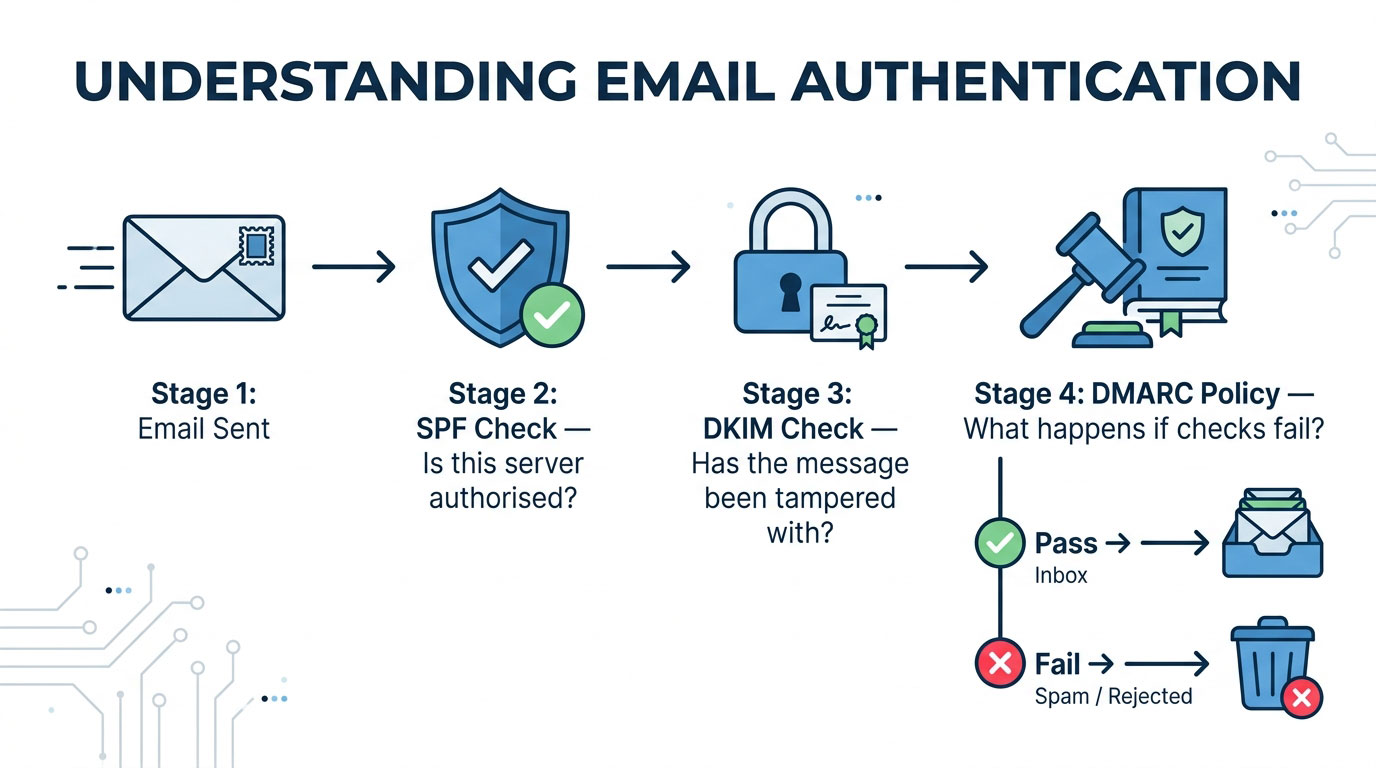 A simplified diagram showing how SPF, DKIM, and DMARC work together to authenticate an email, with arrows showing the verification flow from sender to recipient